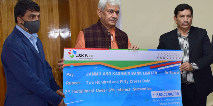 Lt Governor hands over cheque of Rs 250 crore to J&K Bank as second installment of 5% Interest Subvention