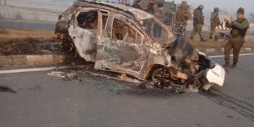 Car catches fire on highway in Kulgam, travellers safe