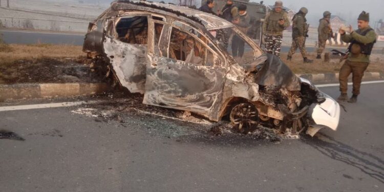 Car catches fire on highway in Kulgam, travellers safe